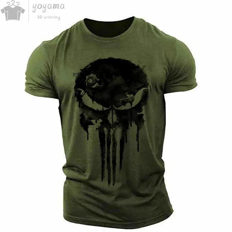 Men Sports Casual O-Neck T-Shirt, Military Patriotic Skull Print Oversized Short Sleeve Tops