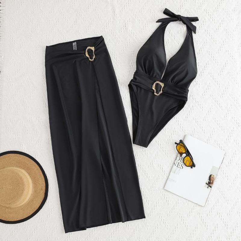 

Новый раздельный купальник-двойка, сексуальный купальник с глубоким V-образным вырезом на спине, цельный металлический топ плюс купальник с юбкой с высоким разрезом XL