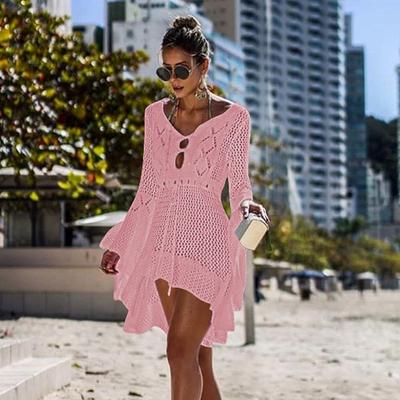 Fashion V Neck Summer Sunscreen Smock Knitted Hollow Out Swimsuit Cover Up Dress Loose Bathing Suit Swim Dress for Women
