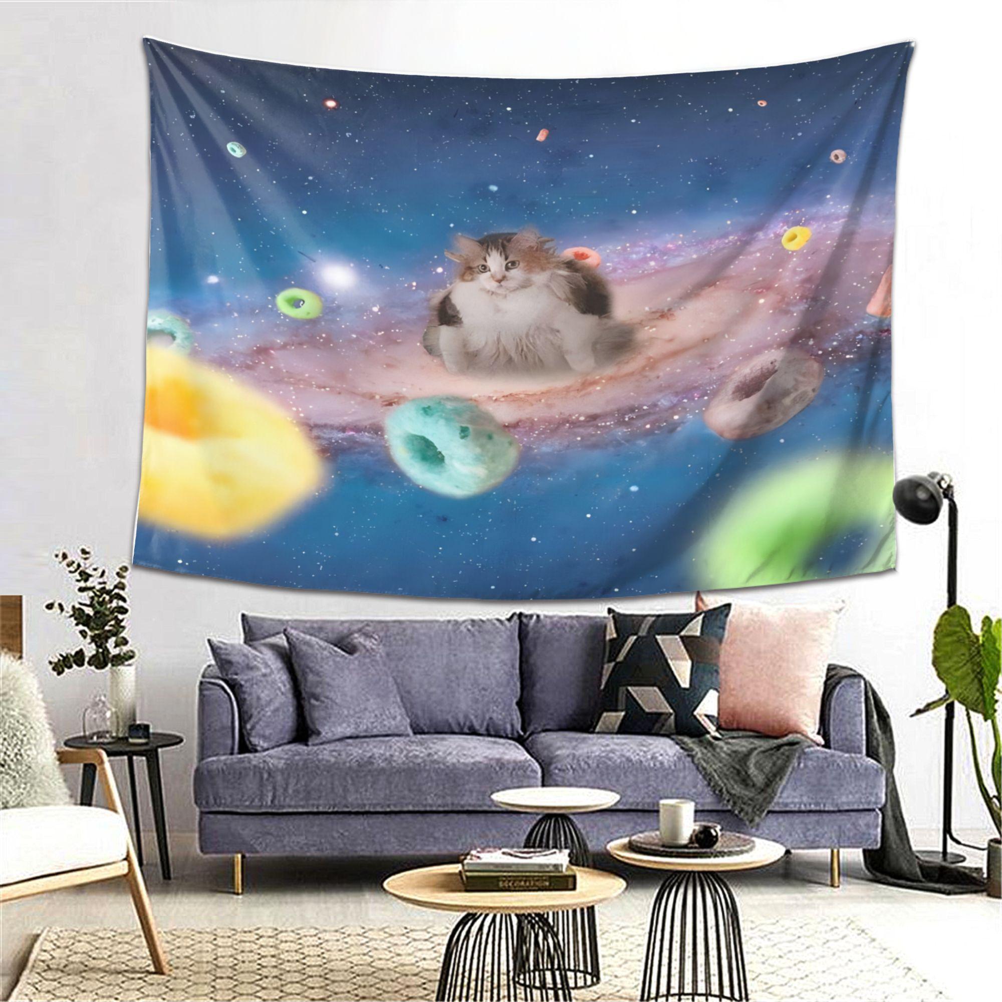Galaxy Cat Adventure Tapestry - Whimsical Space Cat Design, Wall Hanging for Bedroom/Dorm/Party & Gifts 100X70CM