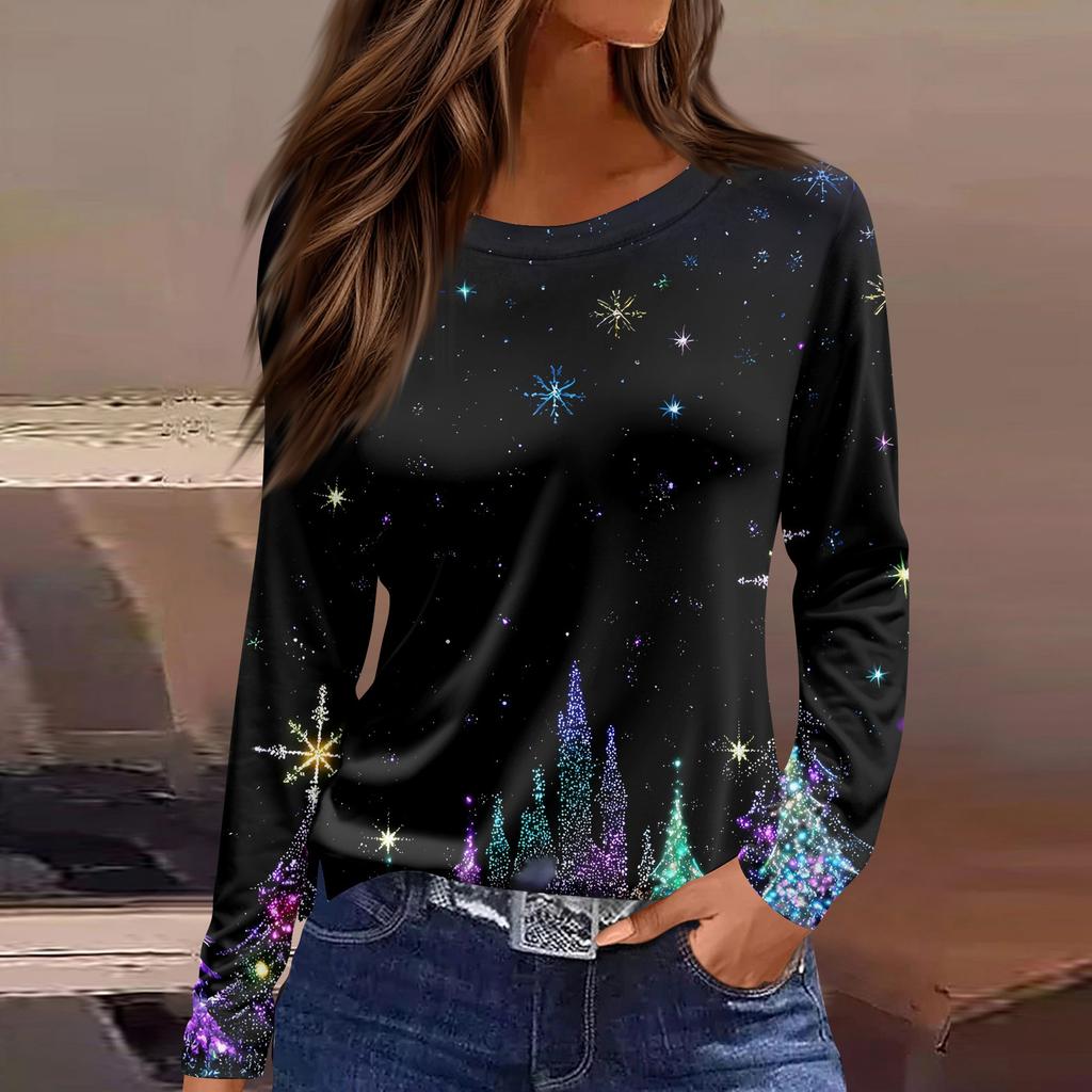 Damenmode Lässig Schlitzsaum Rundhals Langarm Locker Weihnachten Bedrucktes T-Shirt Damen Oberteil