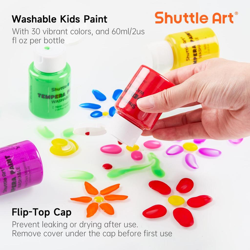 Shuttle Art Tempera Finger for Handprint and Footprint Perfect for Art or as a Gift for Preschoolers Paints, 30-Color Set, Water-Based, 60ml,