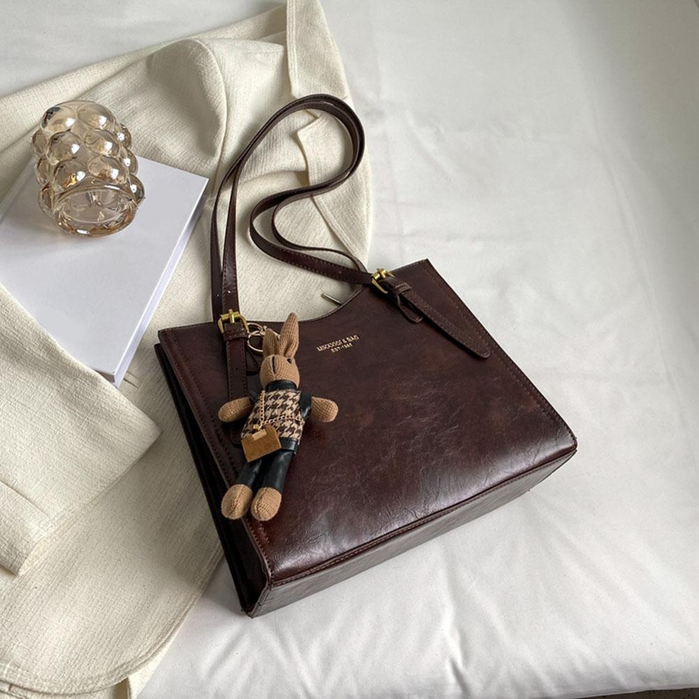 Vintage Shoulder Bag with Cute Pendant Retro Tote Handbag Fashion PU Leather Underarm Pouch Ladies Large Capacity Commuter Bag