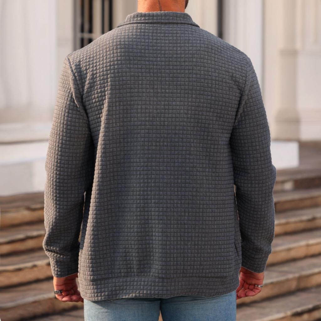 Men's Casual Double-Pocket Lapel Jacket Solid-Color Small Check Loose Long Sleeve Outerwear Shirt