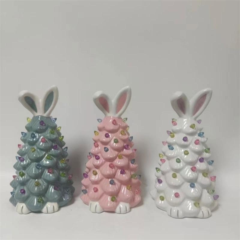 Easter Decoration White Pottery Rabbit Figurines Led Glowing Animal Ornament Rabbit Tree Crafts for Easter Party Decor