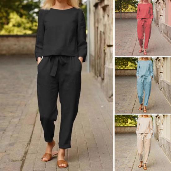 2 Pcs/Set Women Top Pants Set Round Neck Long Sleeves Blouse Vintage Elastic Waist Trousers Daily Leisure Loose Outfit