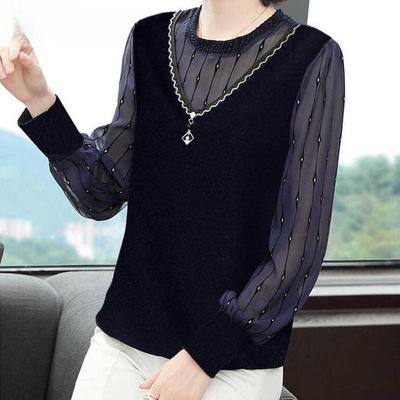 New Autumn Spring Style Chiffon Shirt Chic Elegant Round Collar Blouse Women Long Sleeve Top Pullover