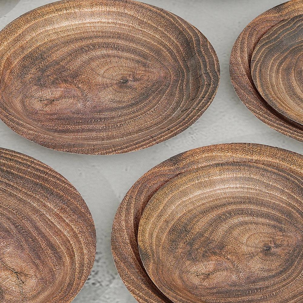 10pcs Round Disposable Dish Vintage Paper Food Tray Imitation Wood Grain Disposable Plate  Picnic