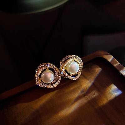Silver Needle Pearl Rhinestone Double Circle Korean Stud Earrings for Women