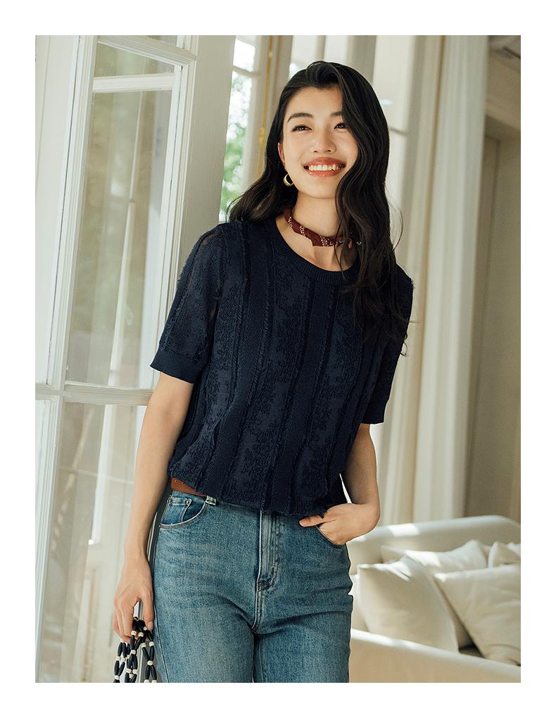 Jiuzi Anna Kou Elegant Light Mature Tassel Jacquard Texture Short Sleeve Knitted Shirt for Women