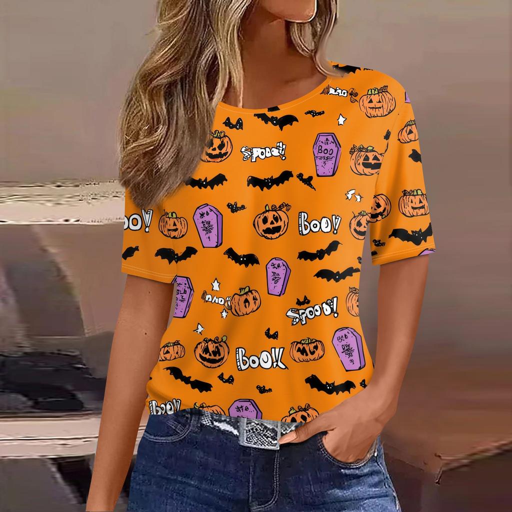 Womens Casual Short Sleeve Halloween Pullover Shirt Round Neck Bat Pumpkin Print Top Lightweight Comfortable Fit