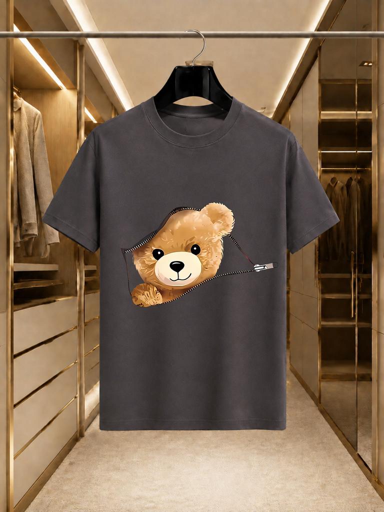 2026 New Arrival 100 Cotton Tshirt 3d Zipper Ripped Cute Teddy Bear Print Funny Cartoon Crew Neck Casual Short Sleeve