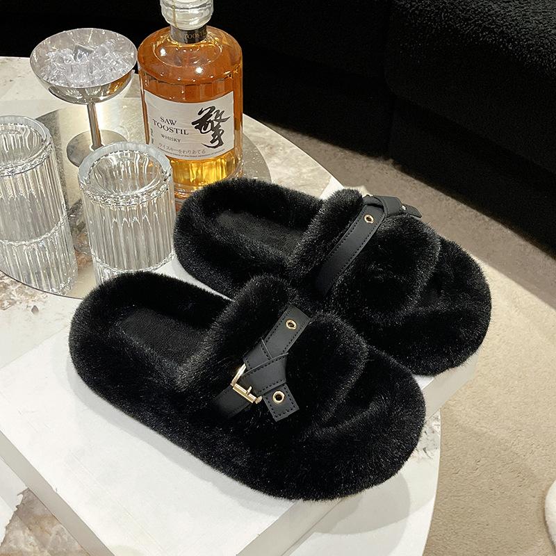 

Internet celebrity slippers women wear 2025 autumn and spring new cotton drag super fire versatile plush explosion thick bottom fluffy slippers 35 чёрный