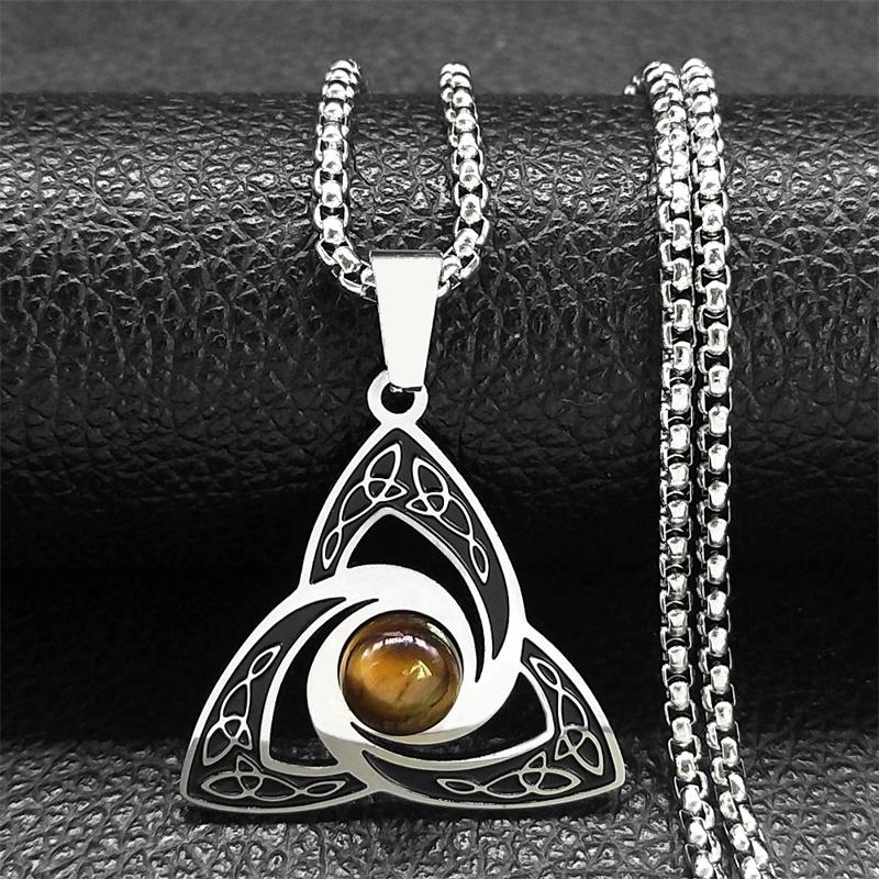 Viking Trinity Knot Necklace for Women Men Stainless Steel Tiger Eye Stone Irish Celtic Lucky Amulet Necklaces Jewelry N3806S02