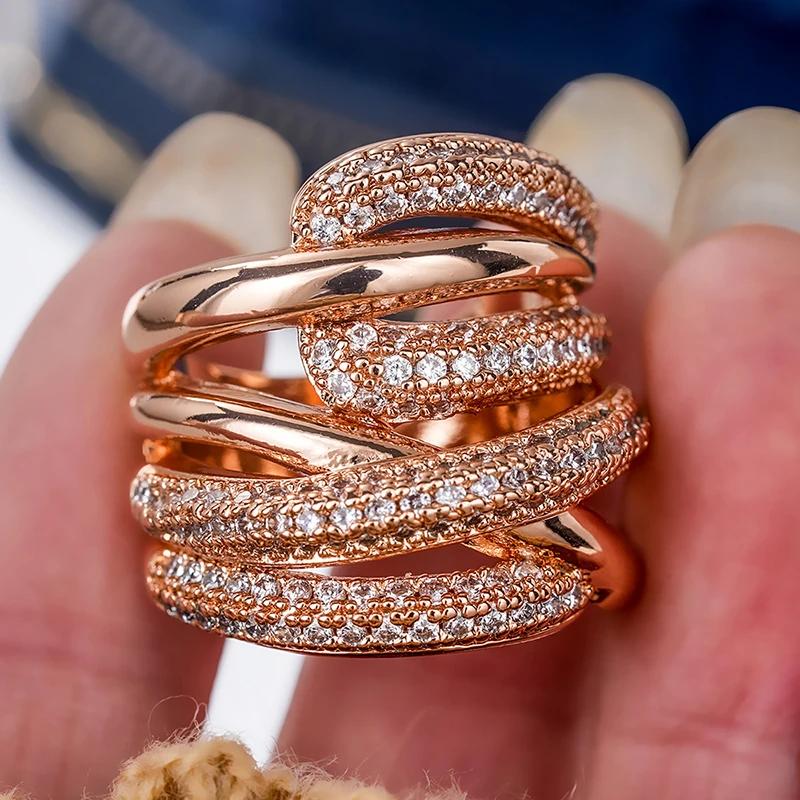 Huitan Brilliant Rose Gold Color Rings for Wedding Fashion Stylish Women Accessories Graceful Noble Multi-layer Party Jewelry