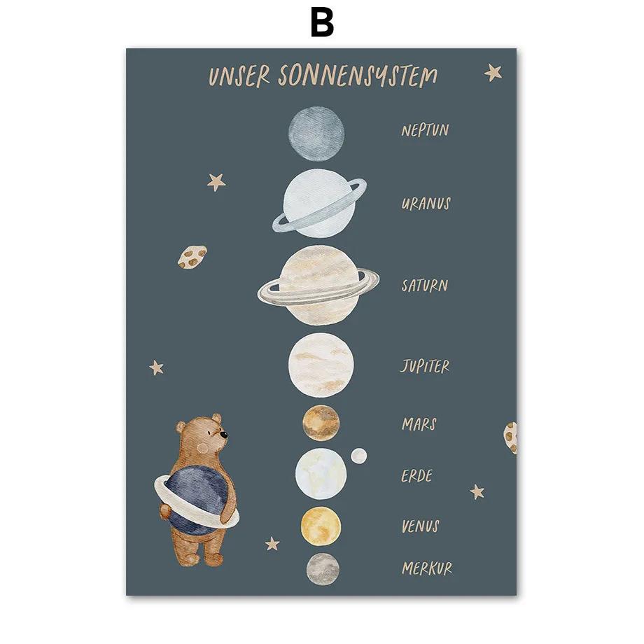 Boho Cartoon Space Astronauts Planet Posters Prints Bear Hedgehog Canvas Painting Wall Art Pictures Baby Kids Room Home