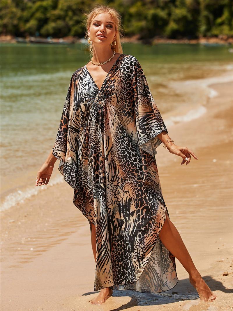 

Women s Plus Size Animal Print V-Neck Batwing Kaftan Beach Dress Bathing Suit Cover-Up Loungewear One Size