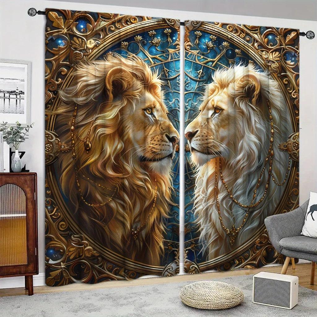 2 Stück Vorhang mit Löwenmuster für Heimdekoration - Stangentasche Fensterbehandlung für Schlafzimmer, Küche, Wohnzimmer