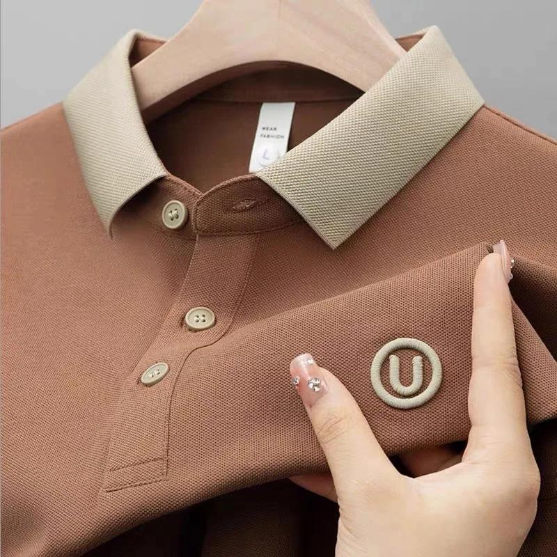 Ice silk short-sleeved T-shirt for men, new summer high-end embroidered luxurious silky quick-dry breathable polo shirt.