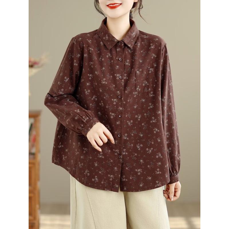 Women's Long Sleeve Retro Floral Cotton Shirt - Loose Fit, Slimming Temperament, Thickened Base Layer