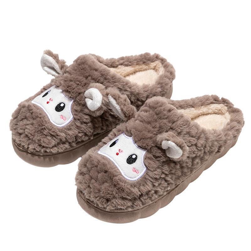 Cartoon sheep cotton slippers indoor home couple warm and velvet thick bottom stepping on shit feeling autumn and winter confinement wool slippers