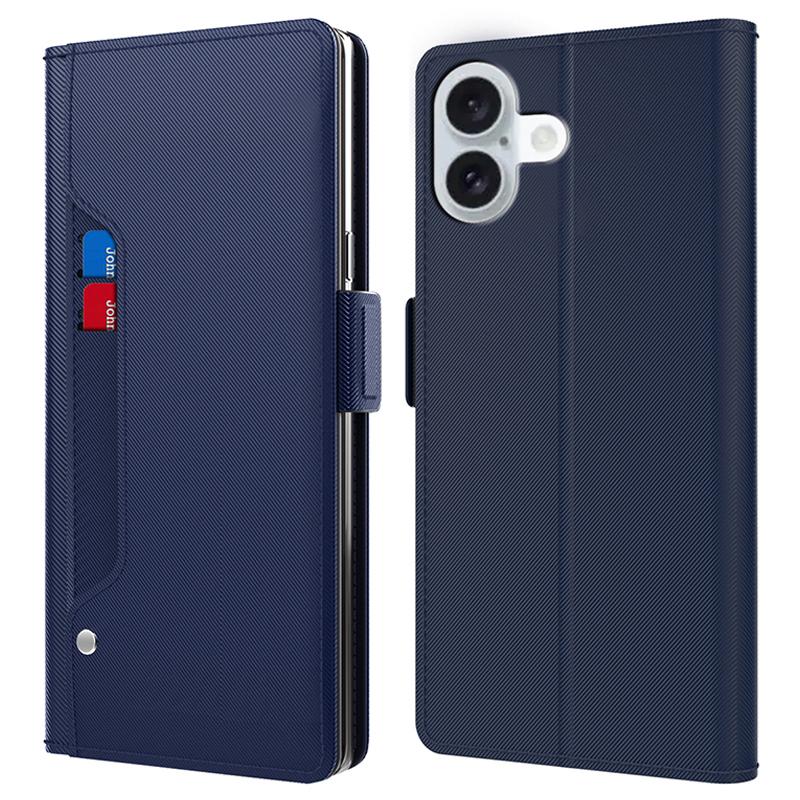 

For iPhone 16 Plus Case Magnetic Clasp Protect PU Leather Mirror Phone Cover Blue