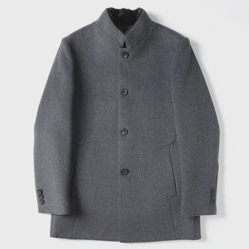Abrigo de Lana de Largo Medio para Hombre con Piel de Visón, Forro Desmontable de Plumón de Ganso y Cuello Mao