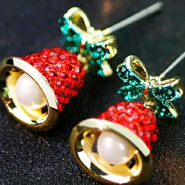 Holiday Season Dangle Earrings Christmas Bowknot Bell Shaped Ear Rings with Rhinestones and Pearls Women Ornaments