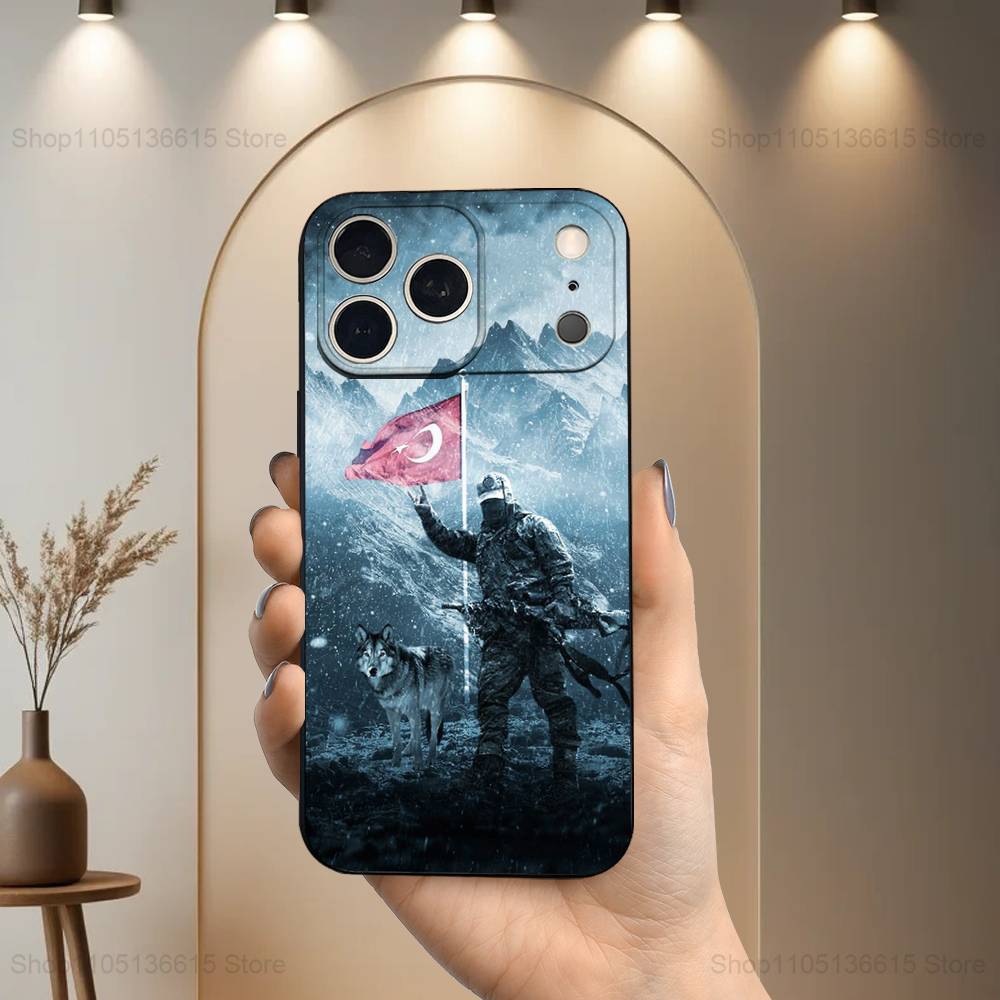 Turk Wolf Turkey Flag For iPhone 8,7,11,12,15,14,13,16,17,Plus,Pro Max,XS,X,XR,SE,Mini,Soft Silicone Black Case