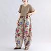 DIMANAF 2026 Summer New Plus Size Women Floral Long Pants Cotton Linen Vintage Loose Elastic Waist Casual Lady Bottoms