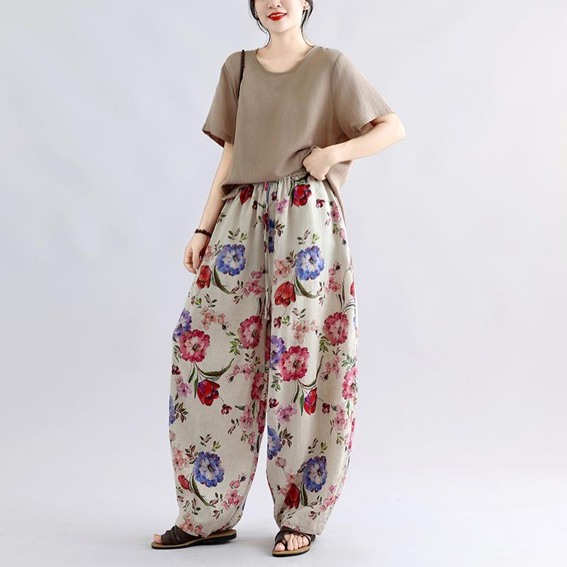 DIMANAF 2026 Summer New Plus Size Women Floral Long Pants Cotton Linen Vintage Loose Elastic Waist Casual Lady Bottoms