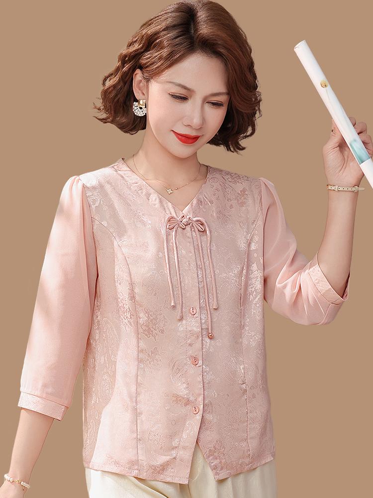 Fashionable 2026 Chinese Style Seven-Sleeve Chiffon Blouse for Middle-Aged & Elderly Women