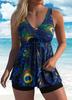 Women's V-Neck Two-Piece Skirted Swimsuit with Boyshorts - Printed, Figure-Flattering Vacation Swimwear