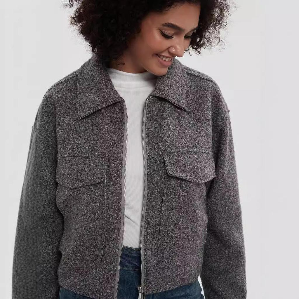 Women's European & American Style Grey Wool Coat with Turn-Down Collar, Large Pockets, for Autumn & Winter