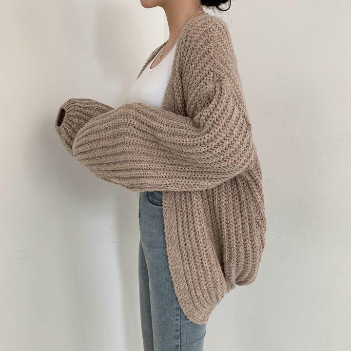 Damen Strickpullover V-Ausschnitt Locker Lässig Einfarbig Laternenärmel Strick-Cardigan