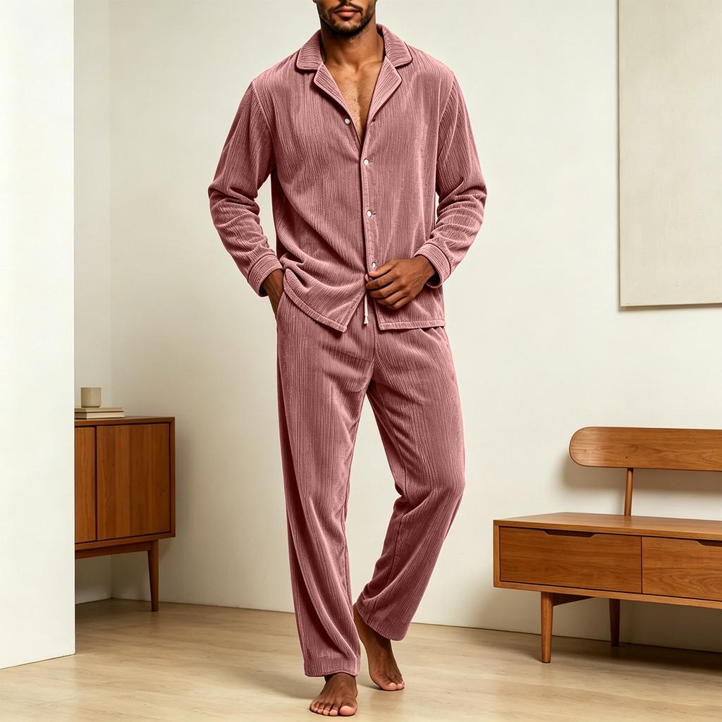 Men's Corduroy Pajama Set with Casual Long Sleeve Button Front Lapel Collar Shirt and Loose Fit Pajama Pants