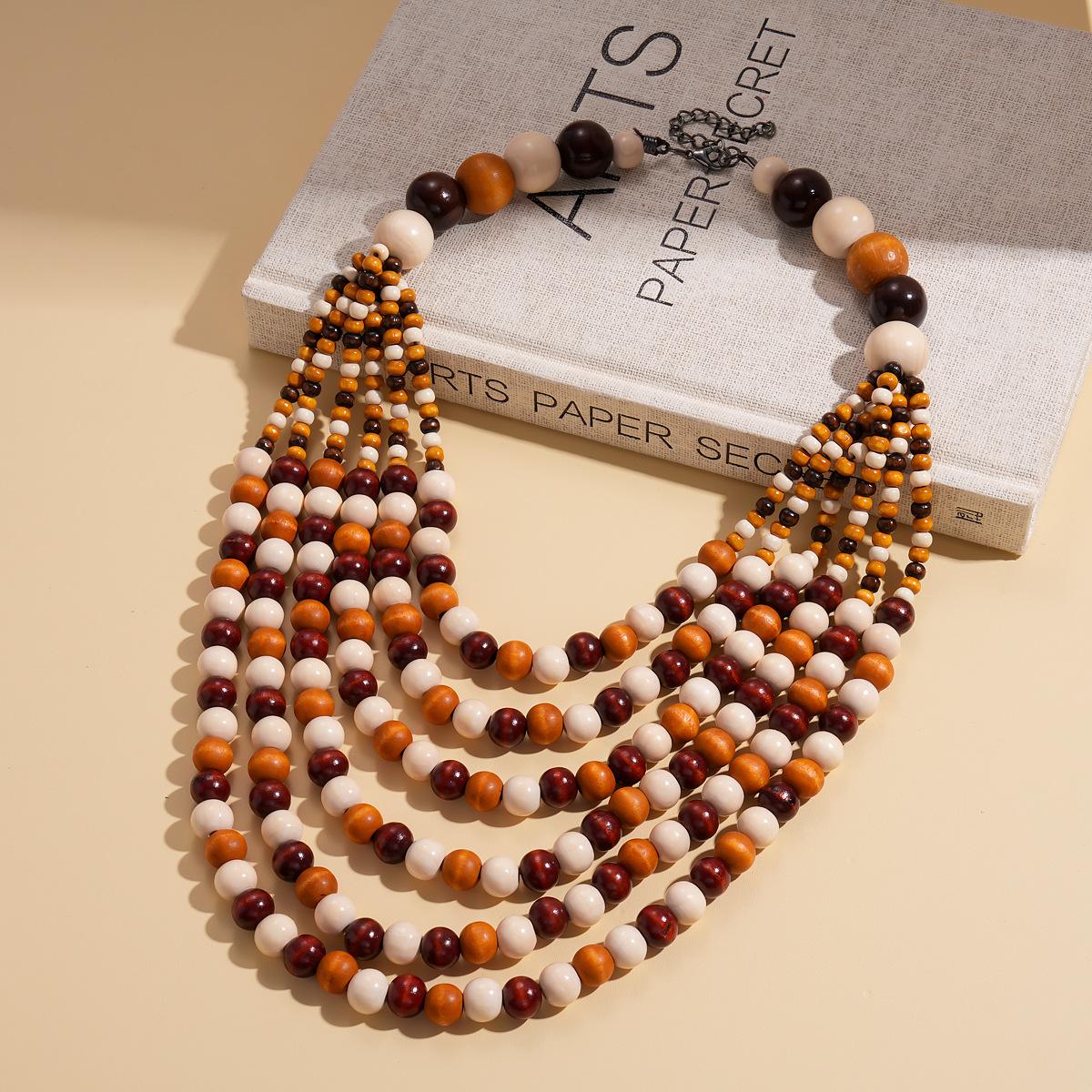 Многослойная цепочка на свитер с деревянными бусинами, ожерелье в богемном этническом стиле