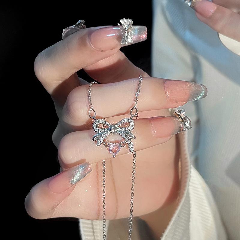 Original Design Heart Bow Necklace Jewelry Femininity Sweet Pink Zirconium Love Stainless Steel Clavicle Chain