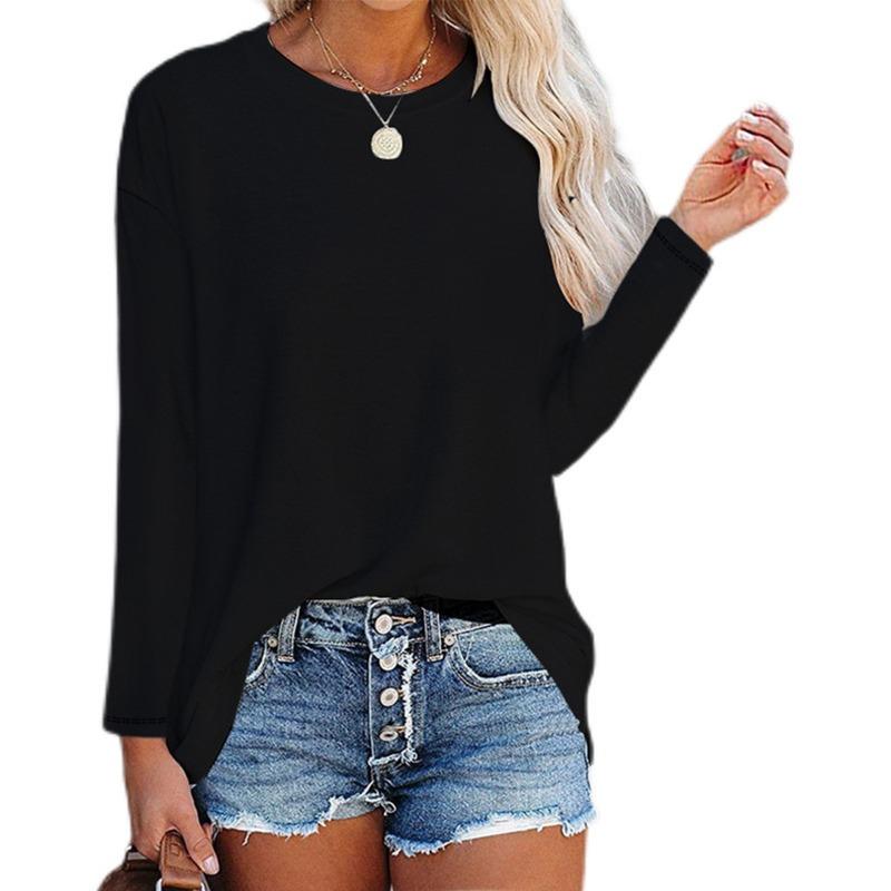 Women S Long Sleeve Round Neck Loose Fit Solid Color T Shirt