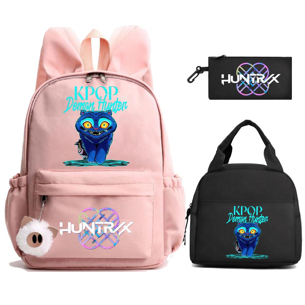 3Pcs/set K-Pop Demon Hunters Printed Backpack with Lunch Bag Pengcil Case for Teenager Girl Boy Back To School Bookbag Large Capacity Travel Bag