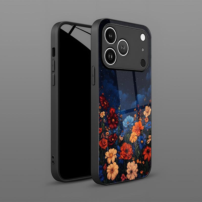 Dark Night Floral Pattern 2D Phone Case for iPhone 17 16 15 14 13 12 11 X XR XS Max Pro 8 Plus - Black Glass Protective Cover