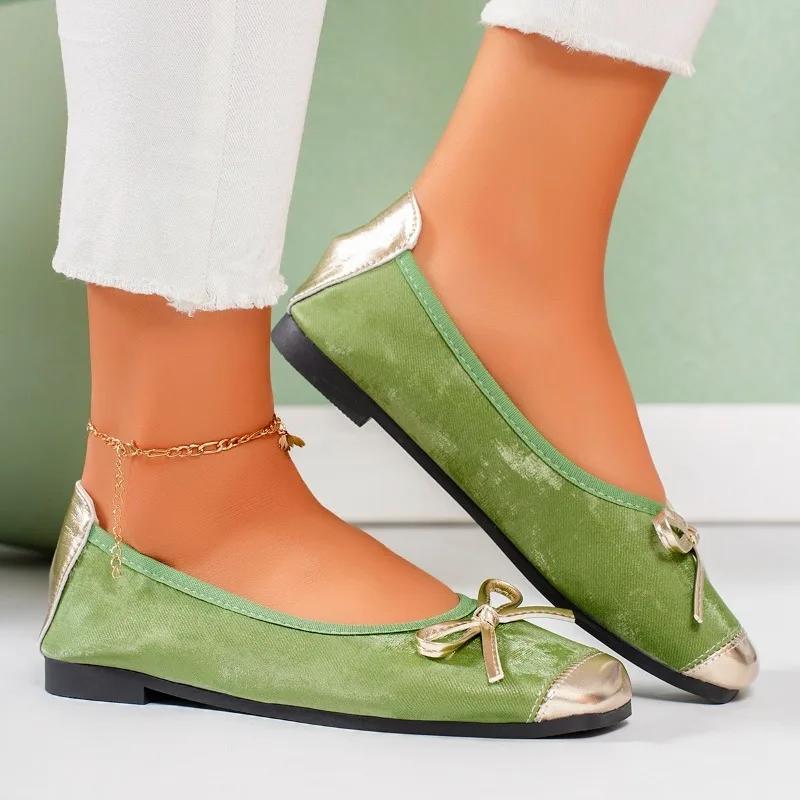 Fashion Women's Ballet Flats 2025 Gold Square Toe Shoes Women Spring Shallow Ladies Flat Shoes Casual Slip on Fashion Bow Zapatos Mujer
