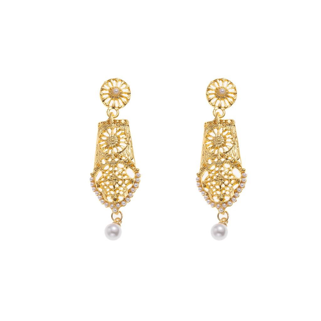 Medieval Style Diamond-Encrusted Pearl Round Geometric Hollow Light Luxury High-End Temperament Personalized Women'S Earrings