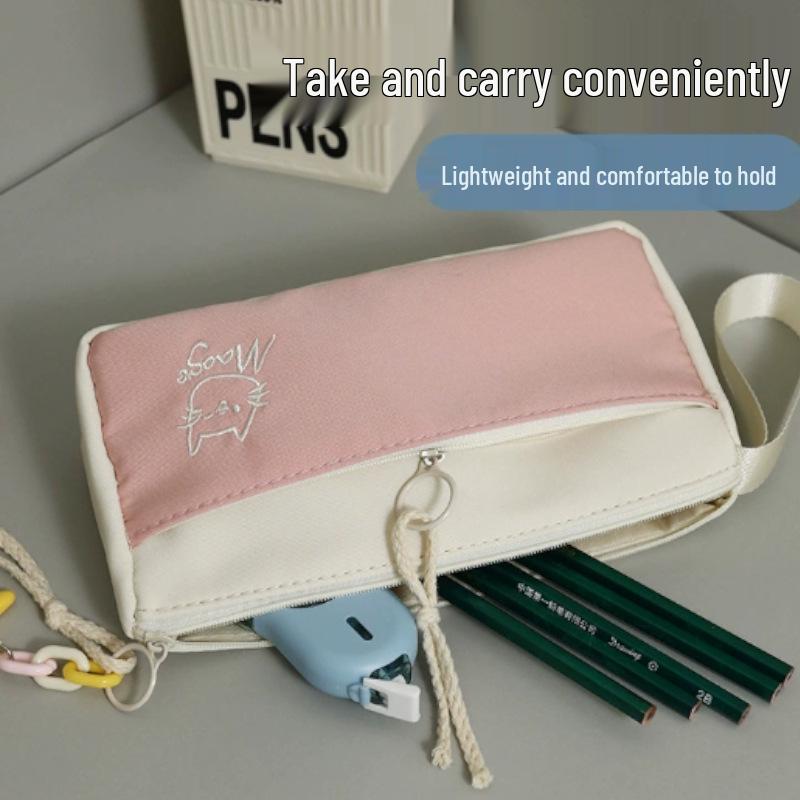 Himmelblaue bestickte Kätzchen-Federtasche - Großes Fassungsvermögen, 2025 Heißer minimalistischer niedlicher Mädchenstil