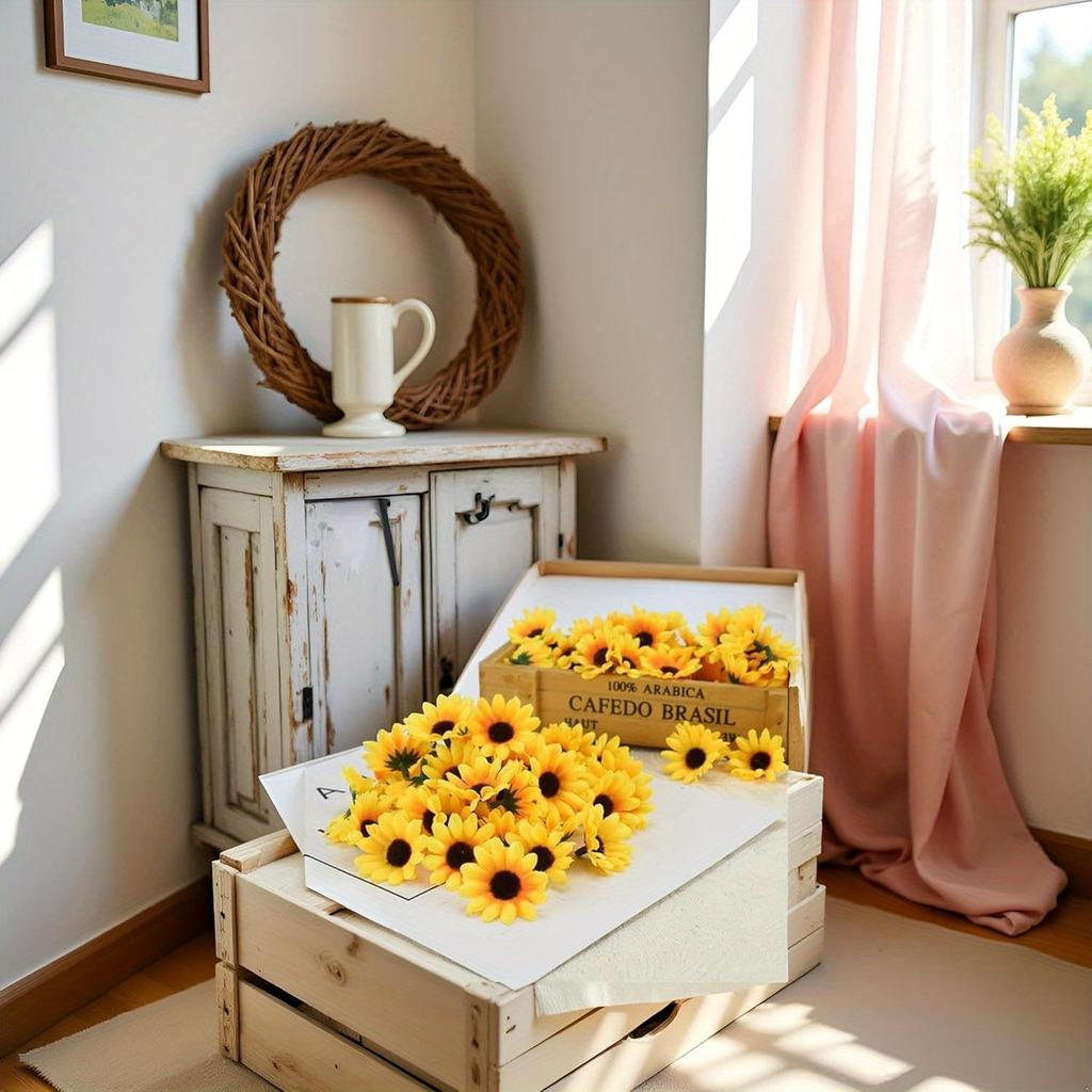 200 Pcs Yellow Artificial Flower Heads Mini Fake Sunflower Craft Floral Embellishments for Wreaths Wedding Home Decor