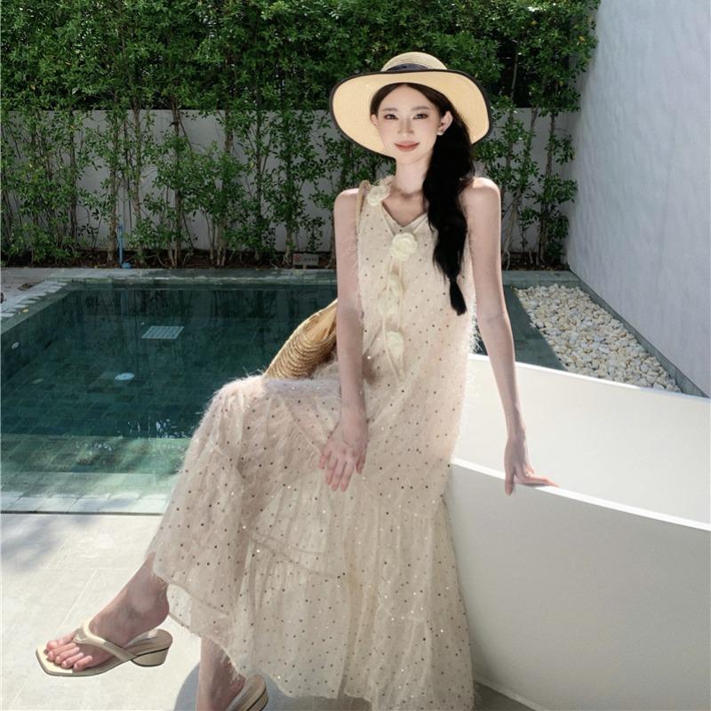 Summer New Women's Solid Color V-neck Sleeveless Rose Sequin Dress