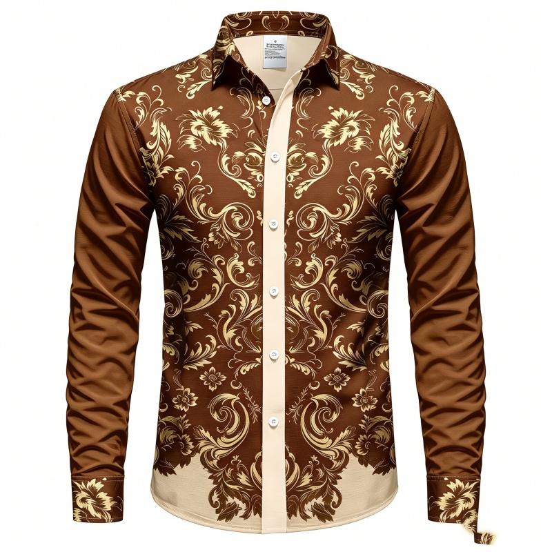 2026 Men's Shirt Long Sleeved Shirt Navy Blue Retro Vine Print Contrasting Shirt Casual Vacation Light Luxury Trendy Top