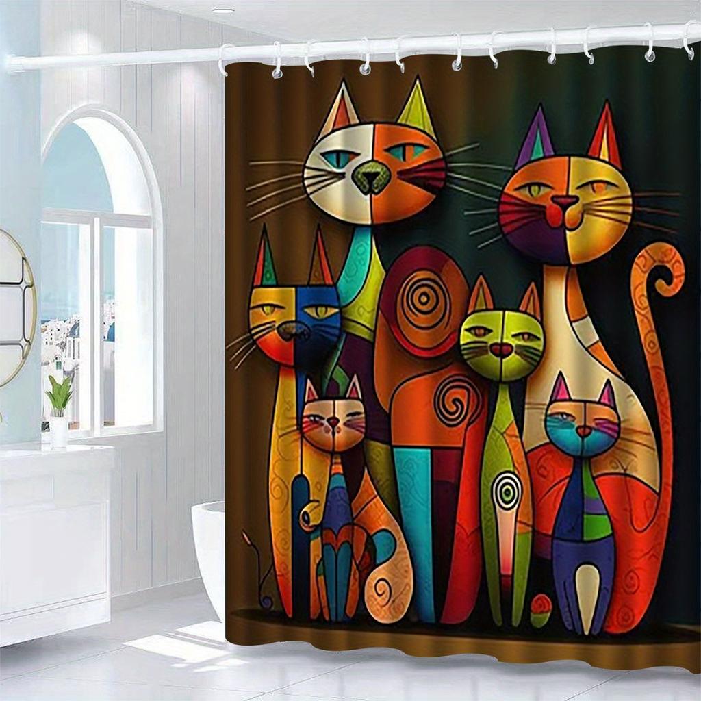 Colorful Abstract Cats Waterproof Mildew-Resistant Shower Curtain - Whimsical Design for a Fun and Artistic Bathroom Décor