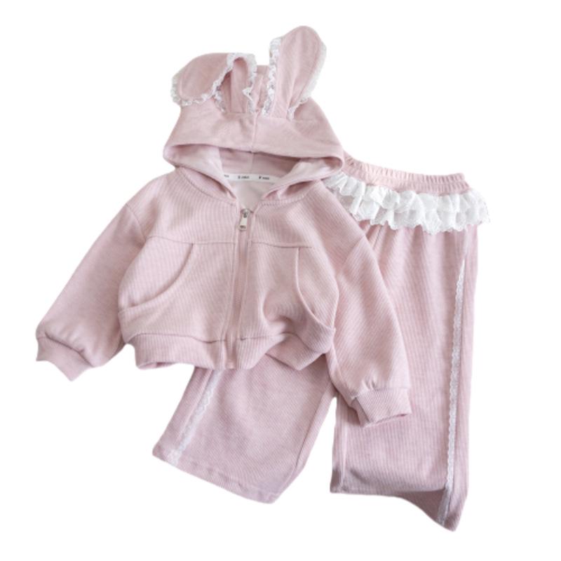 Mori-Style Korean Autumn Rabbit Ear Lace Hooded Sweatshirt & Pants Set for Baby Girls