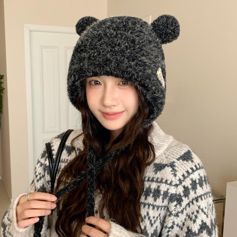 Cute Bear Ear Knitted Plush Hat Autumn and Winter Warm Ear Protection Bag Head Hat Big Head Circumference Casual Windproof Hat Women